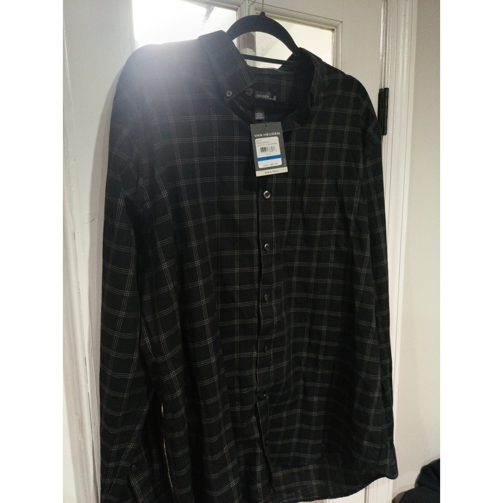 NWT Men's XLT 17-17.5 Van Heusen Black Checkered Work Shirt Wrinkle Long Sleeve